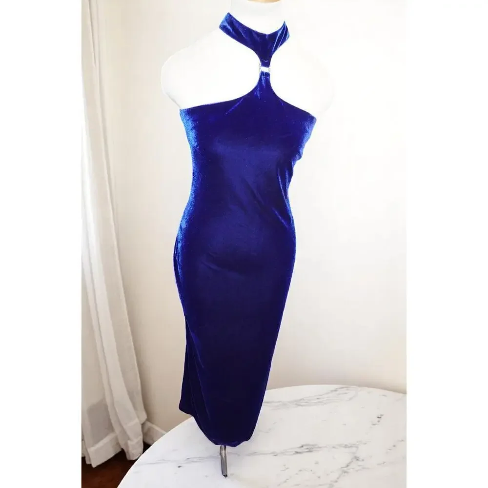 Kiki USA Royal Blue Velvet Halter Dress – Size 40 - Picture 3 of 16